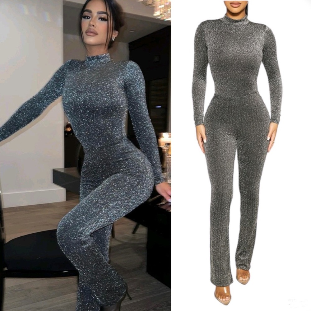 Naked Wardrobe The Glow Up Fit And Flare Black Silver Glitter Pants M ( Tall )